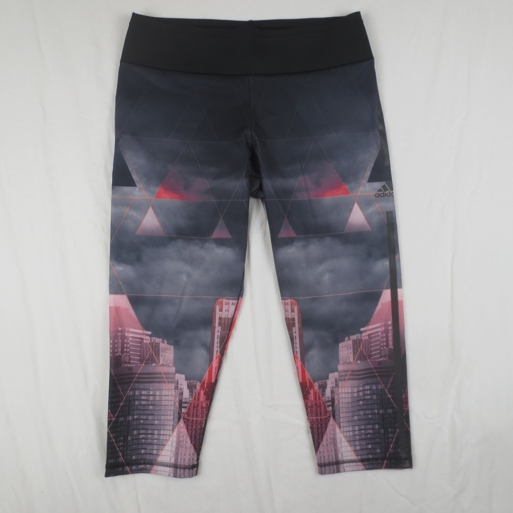 Adidas Climalite Leggings Womens M Black Capri Cityscape Skyline Running Workout